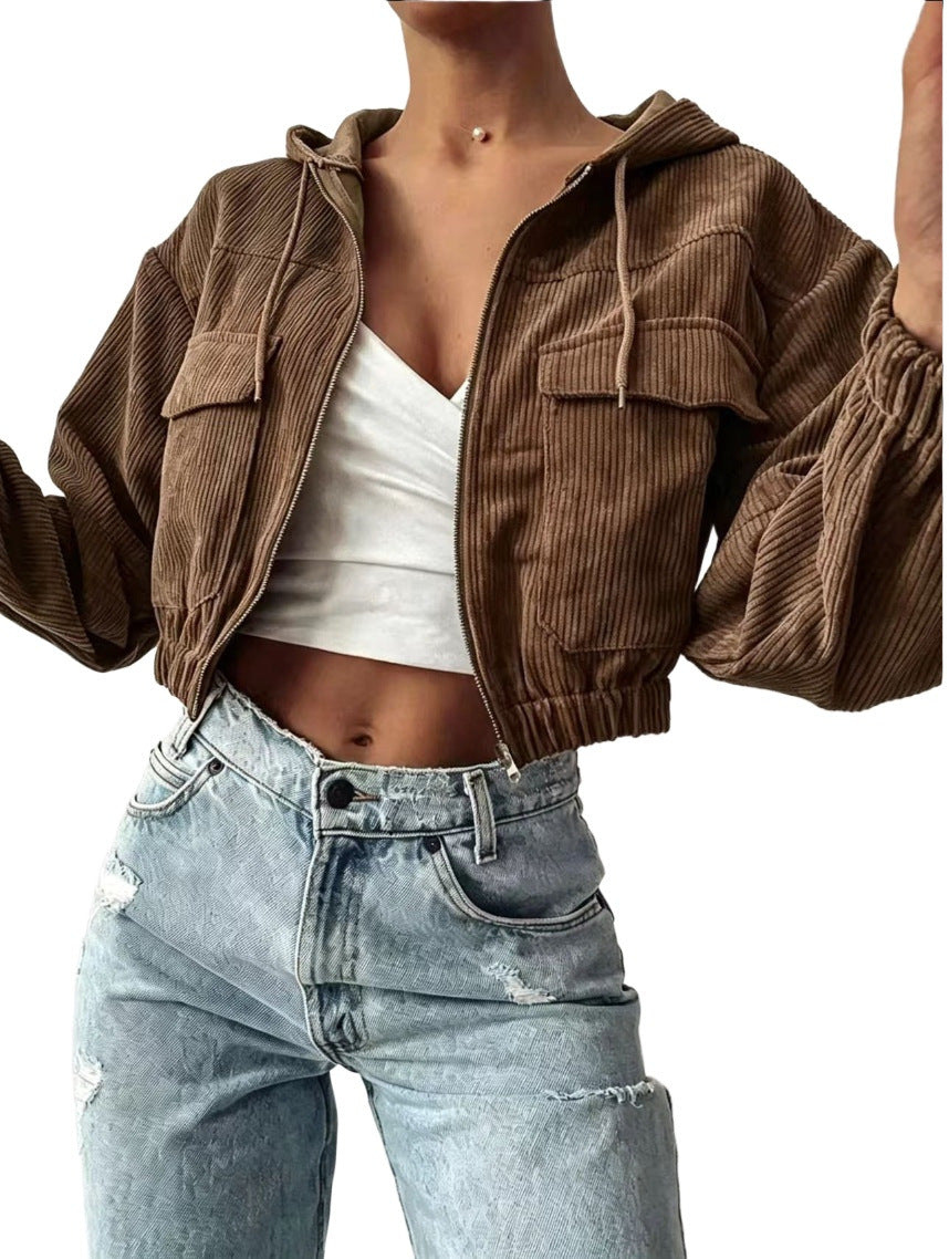 Women's cropped hoodie made of ribbed fabric with zipper and balloon sleeves Chichicherry