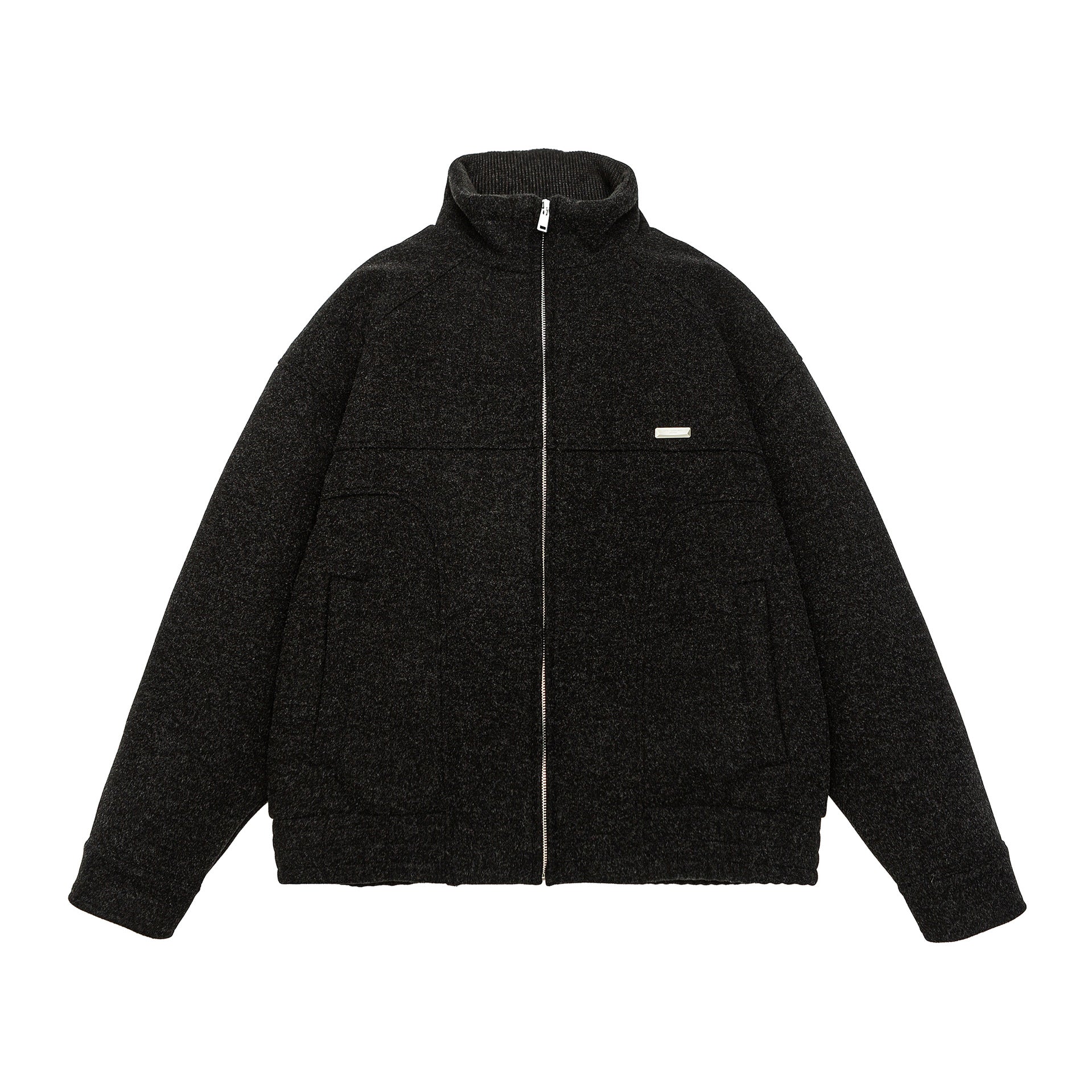 Men's short-cut boxy wool fleece jacket with high stand-up collar and full-length zipper Chichicherry