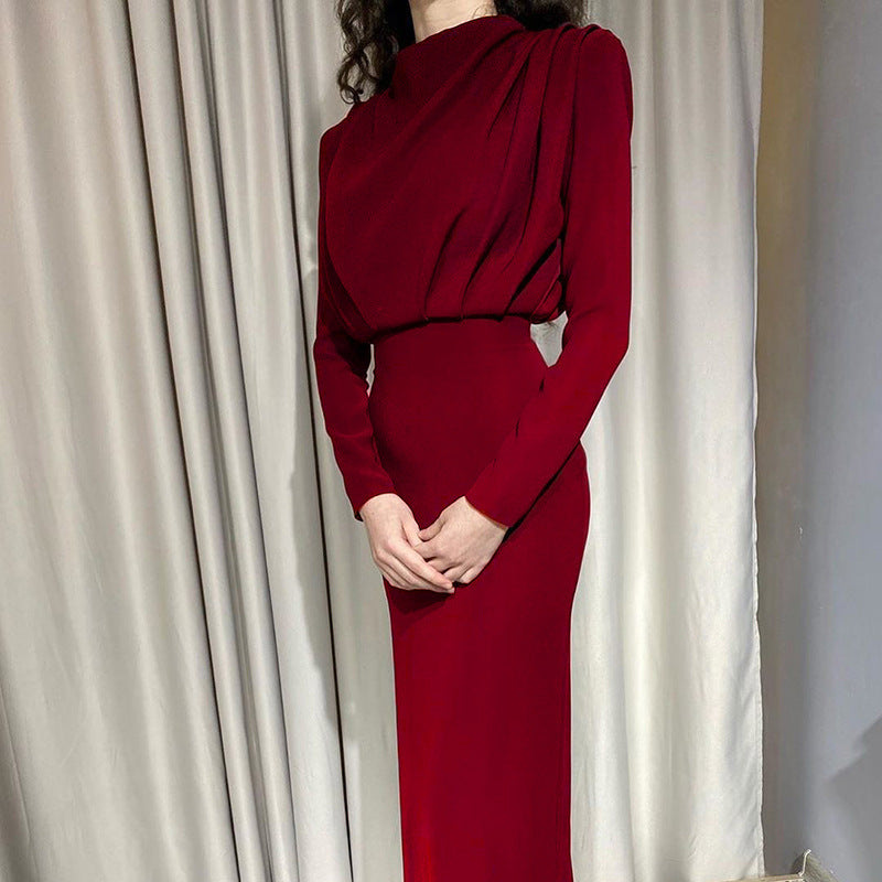 Ladies Tailored Midi Dress with Draping on the Bodice and Stand Collar Chichicherry
