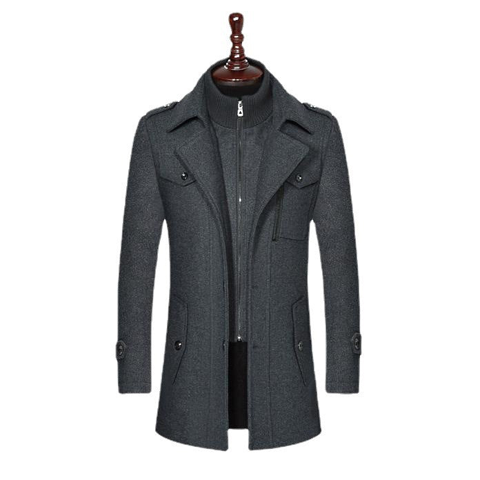 Men's wool blend short coat with integrated stand collar inner jacket and patch pockets Chichicherry