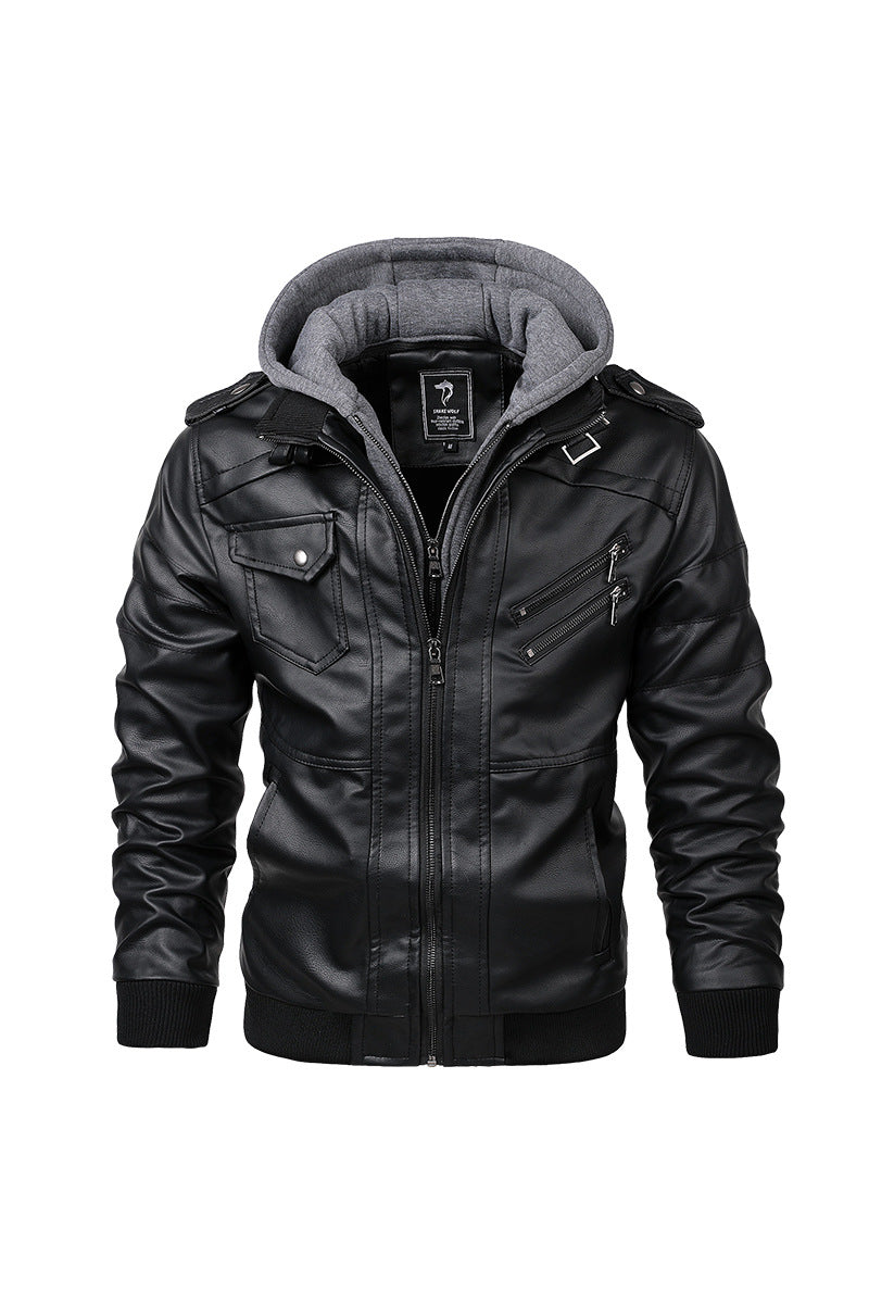 Men's Urban Hooded Leather Jacket in Biker Style with Zipper Details and Ribbed Cuffs Chichicherry