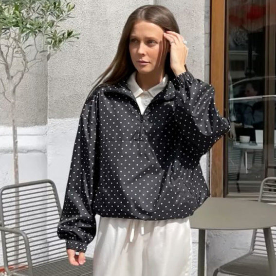 Women's Lightweight Polka Dot Half-Zip Transitional Jacket with Stand-Up Collar and Drawstring Chichicherry