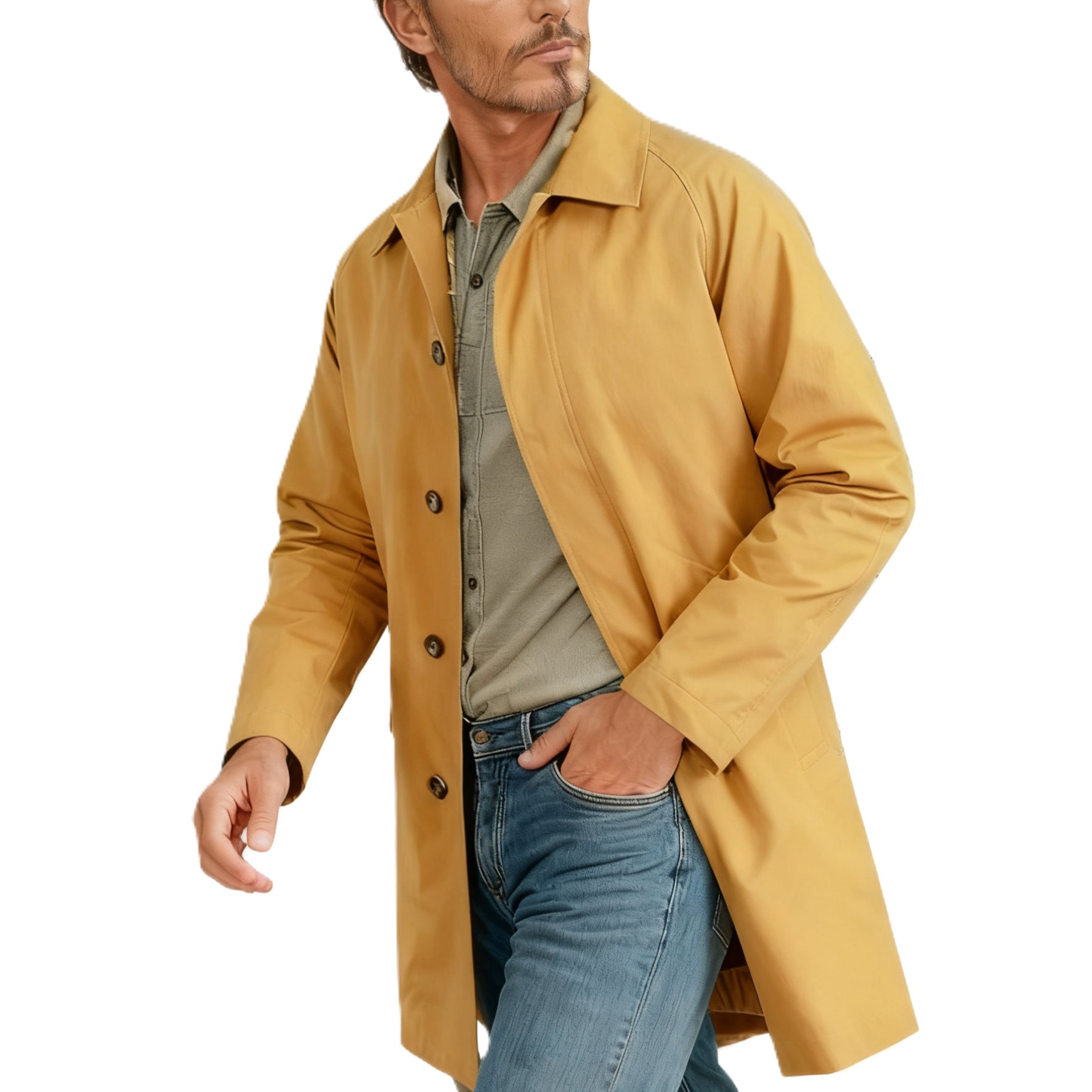 Men's mid-length car coat with lapel collar and concealed button placket Chichicherry