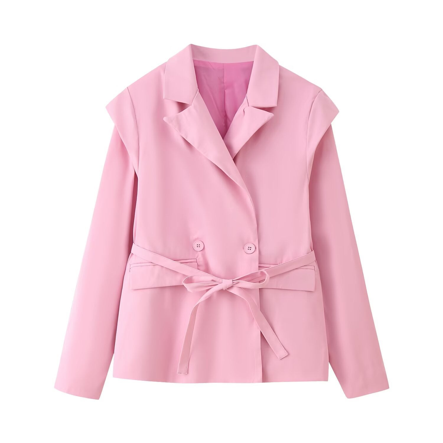 Women Tailored Belted Blazer with Double Button Placket and Notched Lapel Chichicherry