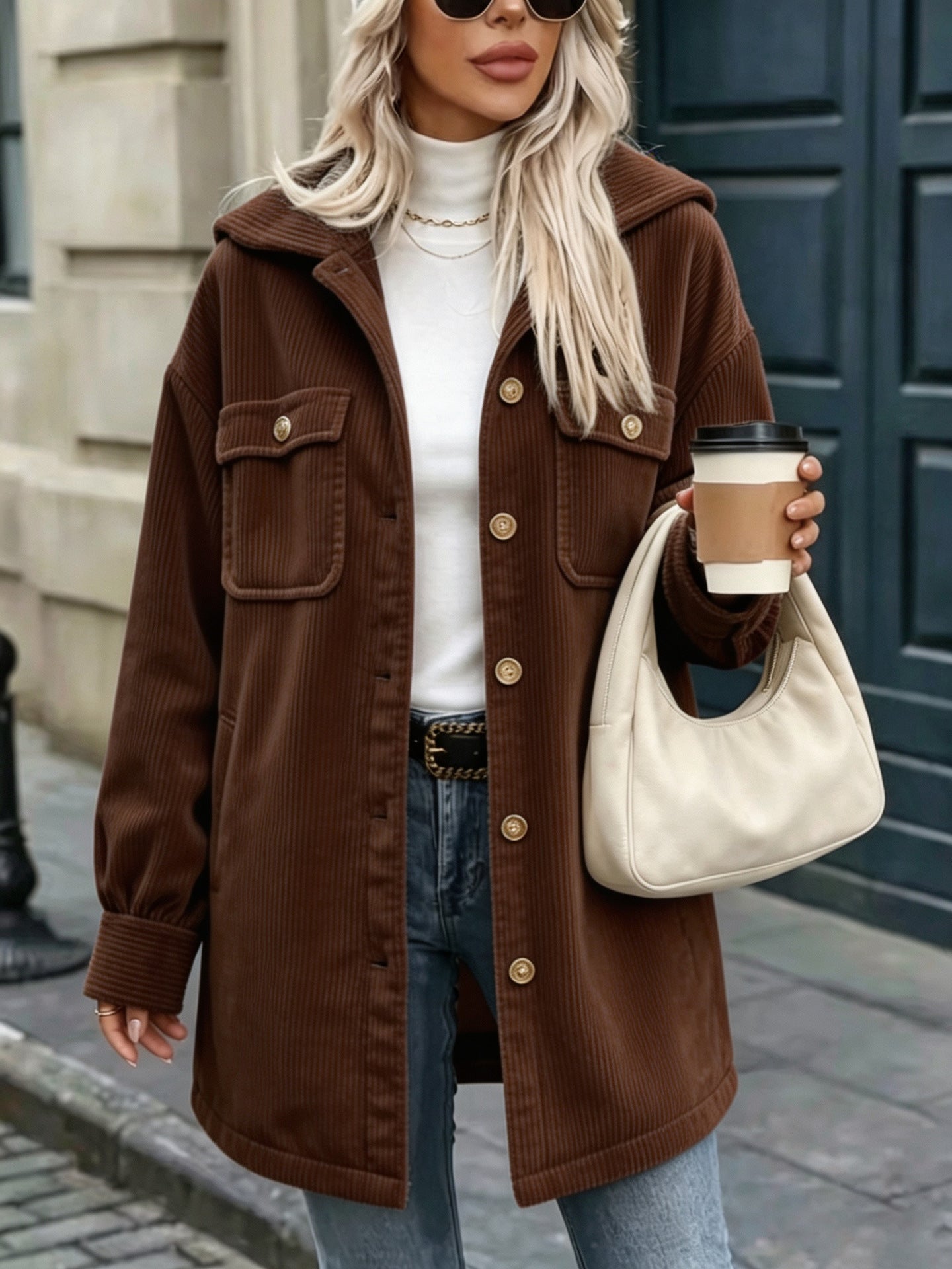 Women's cord jacket with hood, oversized and patch pockets Chichicherry