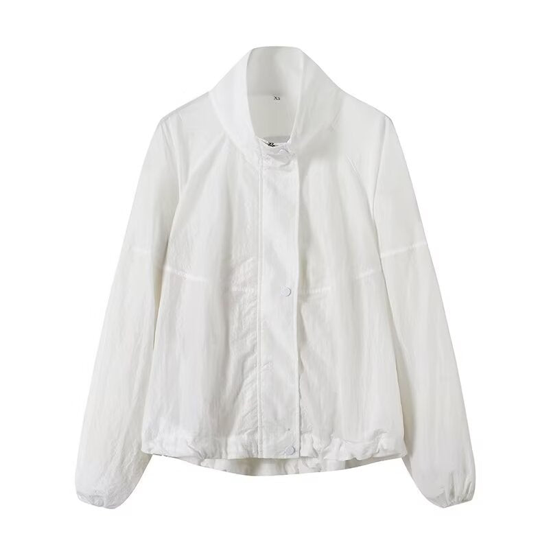 Women's Lightweight Wind and Travel Jacket with Stand Collar, Concealed Snap Placket and Drawstring Hem Chichicherry