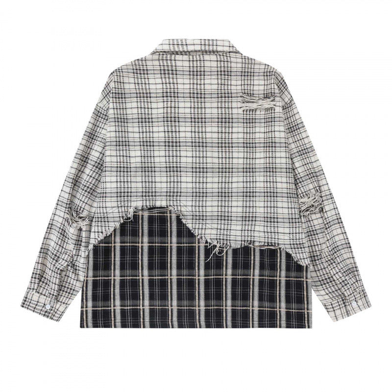 Unisex Oversize Check Shirt with Layered Look and Frayed Hem Chichicherry