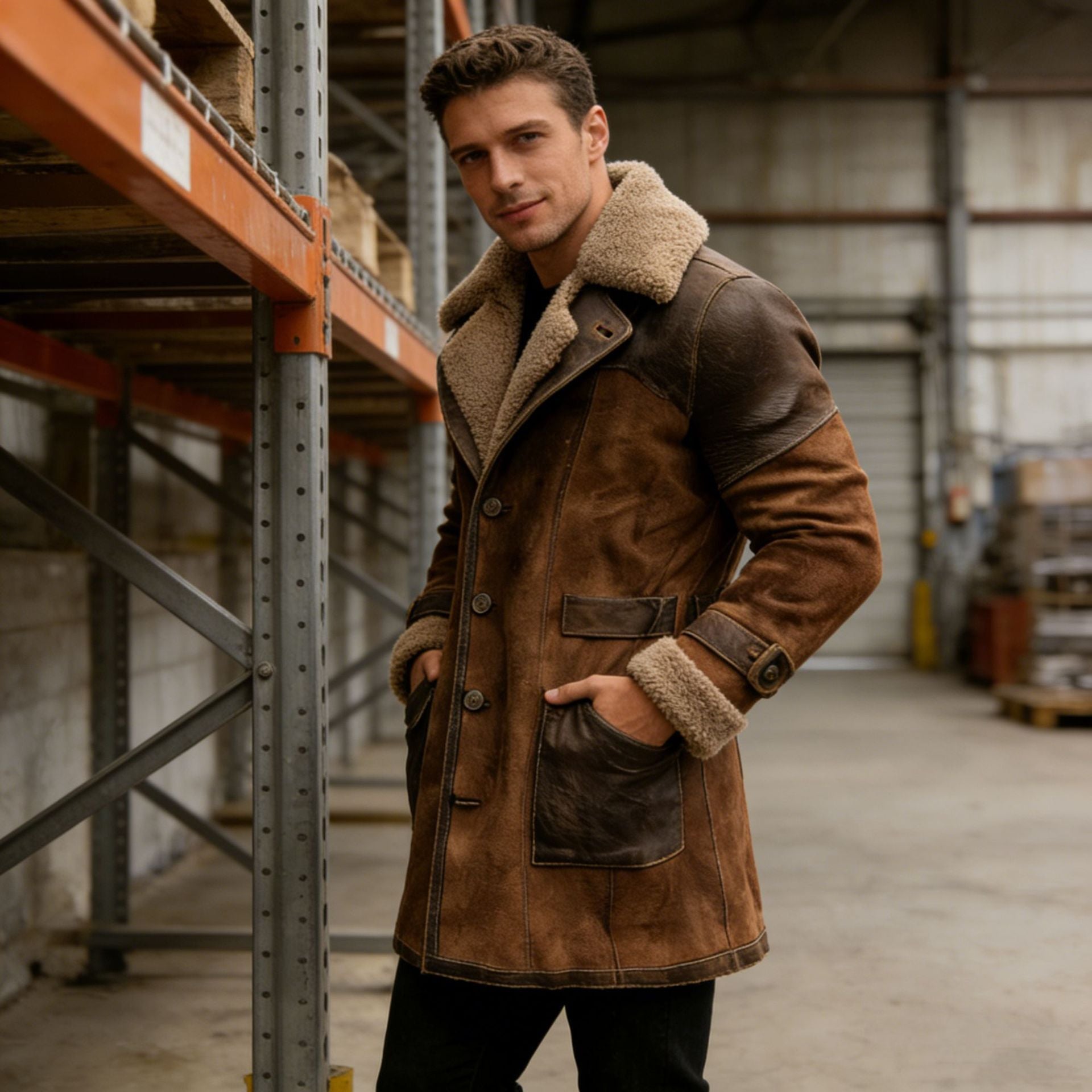 Men's Long Shearling Coat made of Suede with Leather Trim Chichicherry