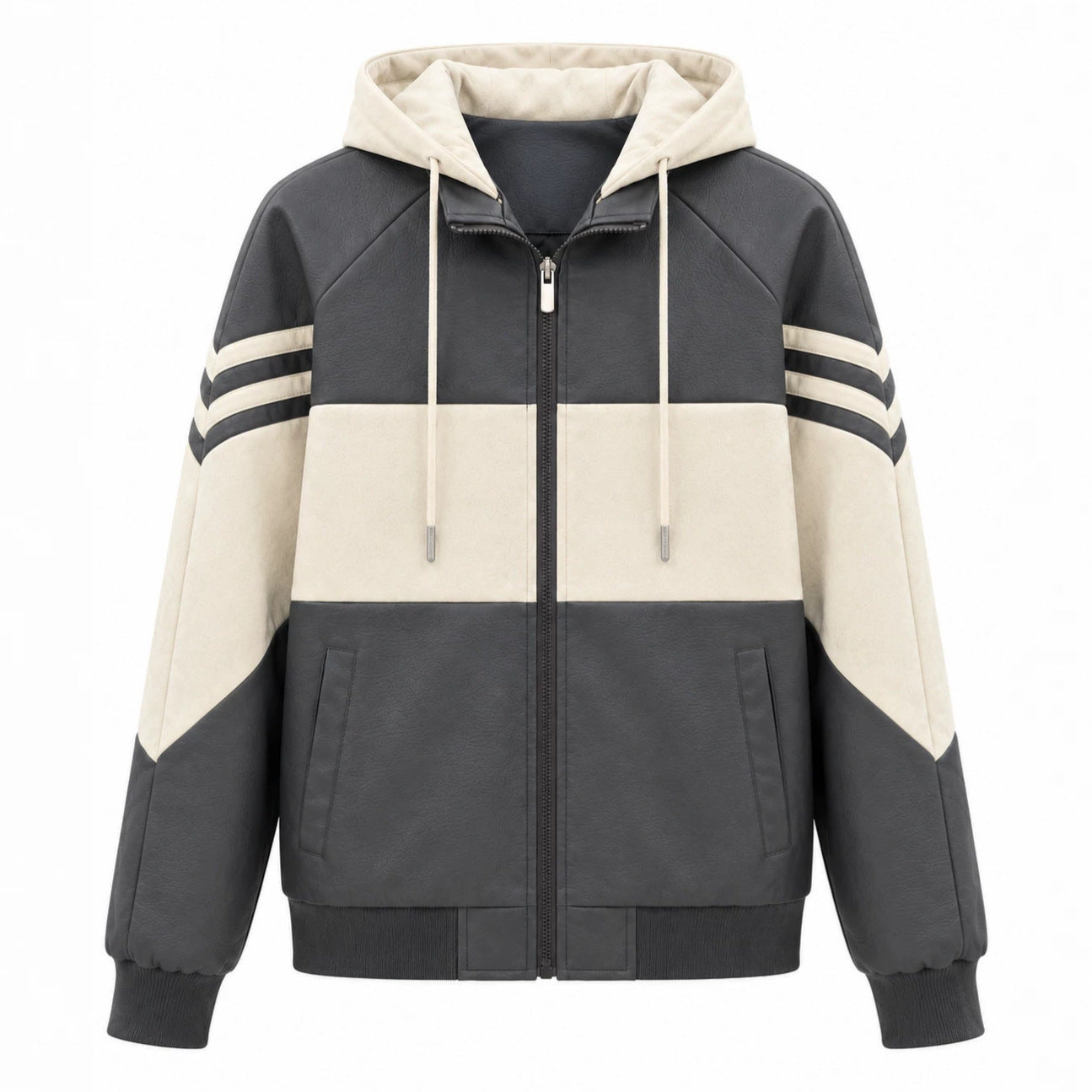 Men's Sporty Hooded Bomber with Faux Leather Look, Contrast Stripes and Zipper Chichicherry