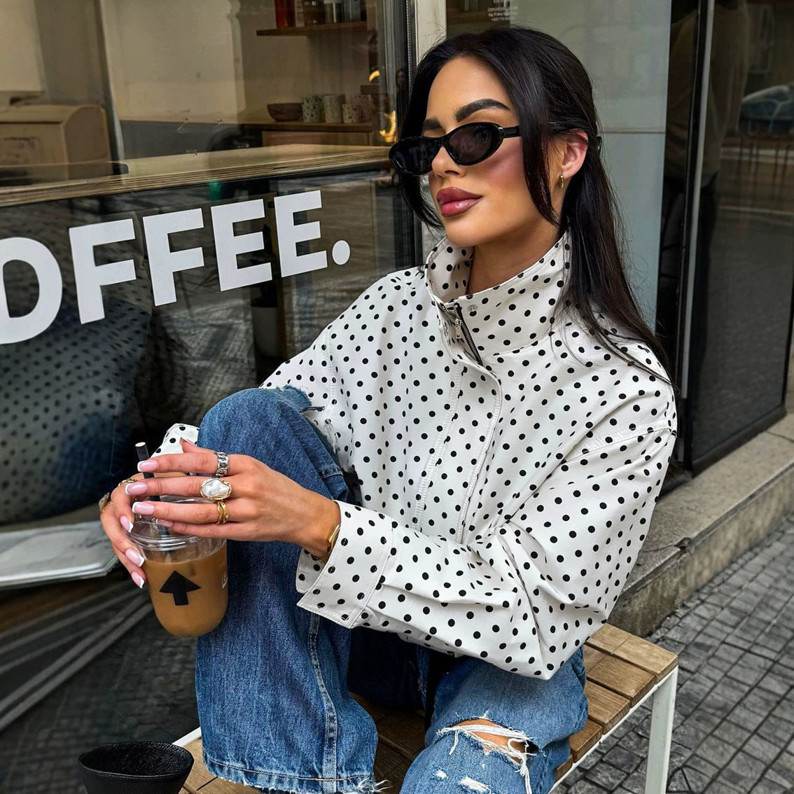 Women's Polka Dot Oversized Bomber Jacket made of lightweight cotton blend with stand-up collar and zipper Chichicherry