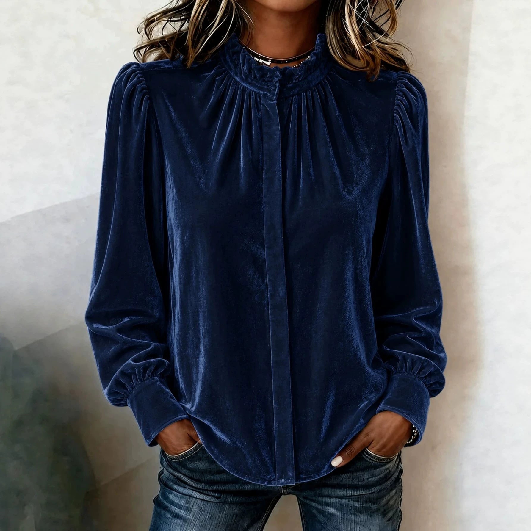 Ladies' velvet blouse with ruffled stand collar, concealed button placket, and gathered balloon sleeves Chichicherry