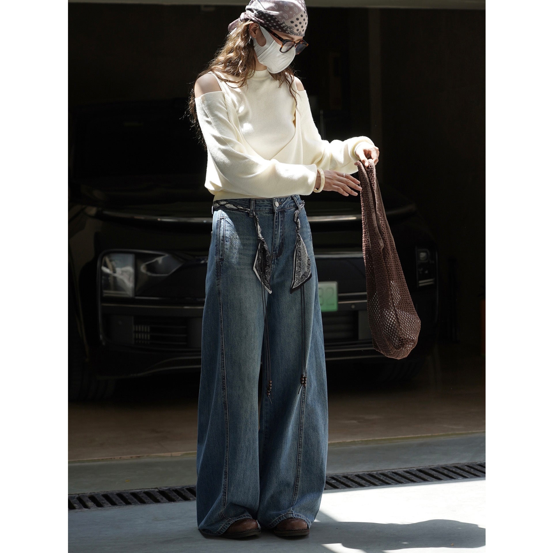 Women's Wide High-Waist Denim Baggy Pants with Bandana Lacing and Pearl Straps Chichicherry