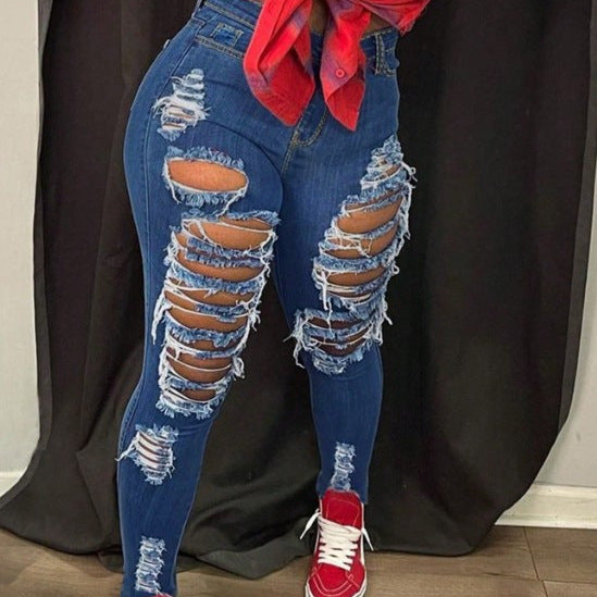 Women High-waisted, heavily distressed Sculpting Skinny Jeans Chichicherry