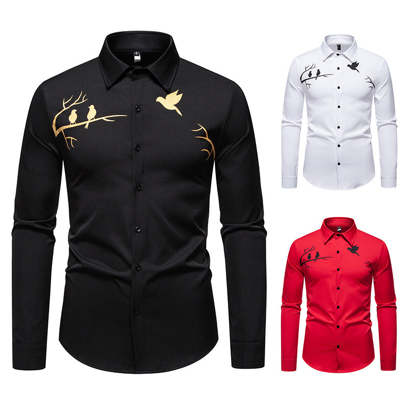 Men's Fitted Long Sleeve Shirt with Bird Print on Chest and Shoulders Chichicherry