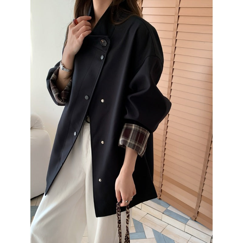 Women's Oversized Short Jacket with Snap Placket and Checked Sleeve Cuff Chichicherry