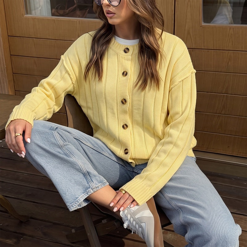 Women's Lightweight Ribbed Knit Cardigan with Wooden Buttons and Oversized Silhouette Chichicherry