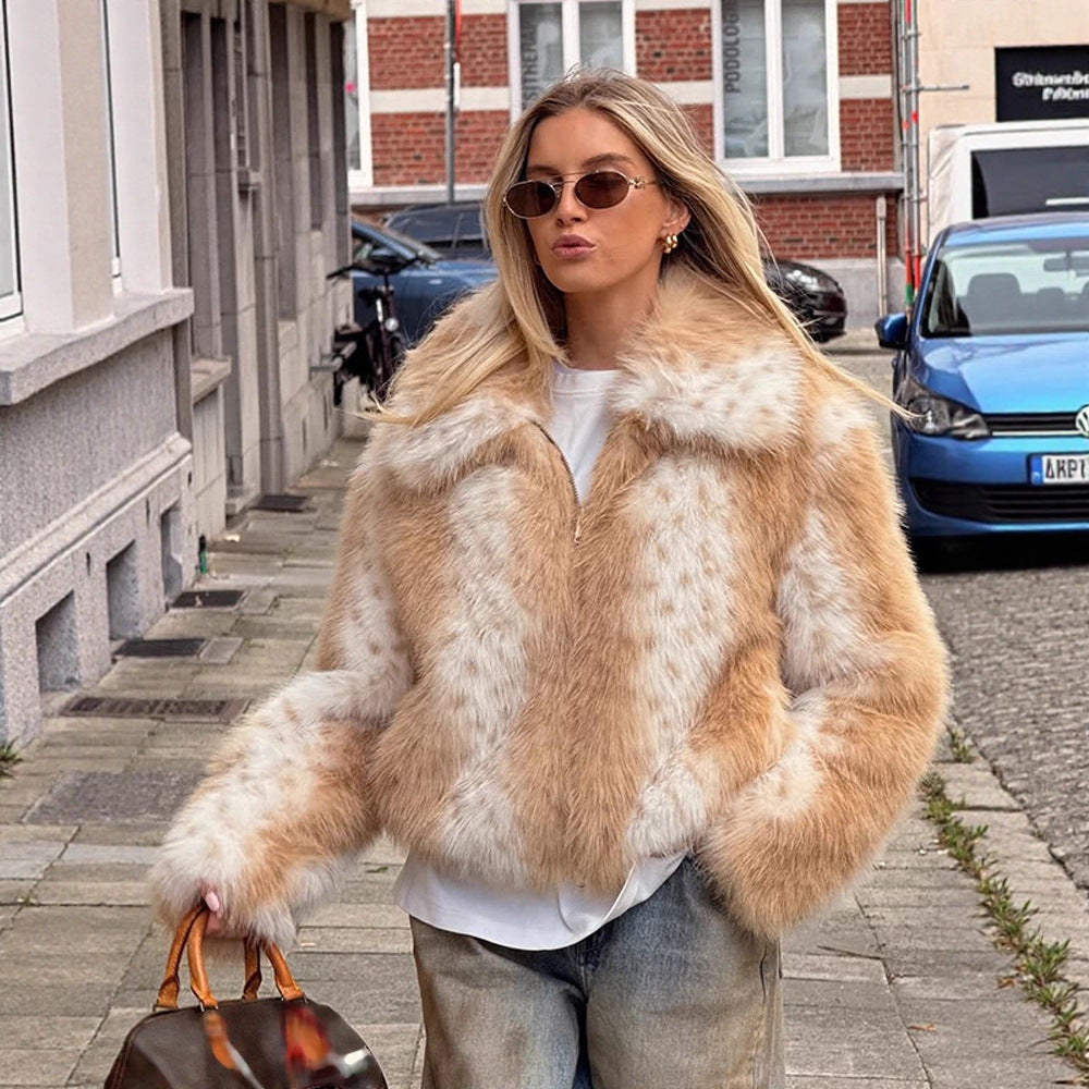 Women's Boxy Faux Fur Jacket with Two-Tone Shag Look and Notched Collar Chichicherry