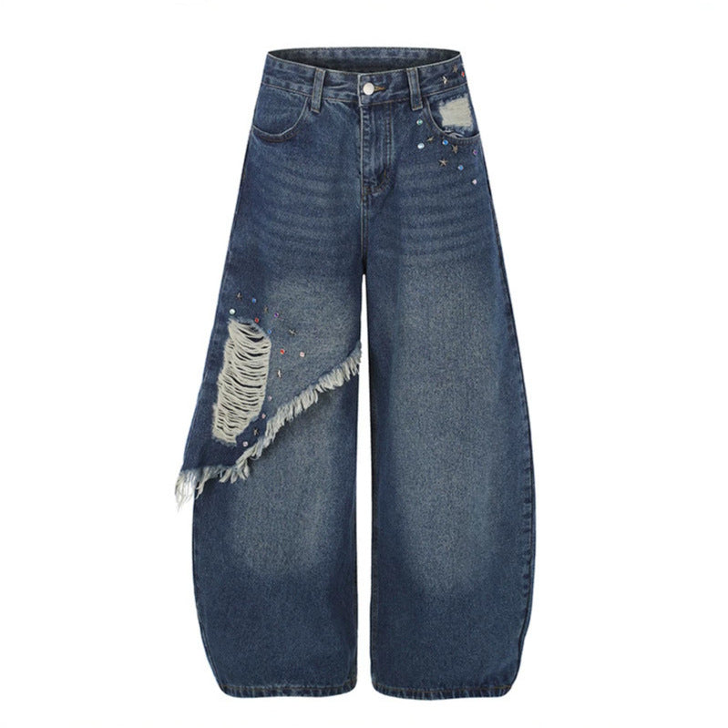 Women's high-waist wide palazzo jeans with asymmetric fringe detail and rhinestone application Chichicherry