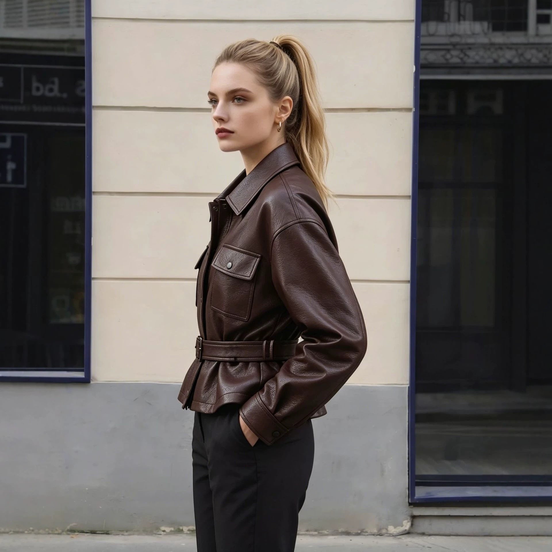 Women's leather jacket with waist belt and oversized cut Chichicherry