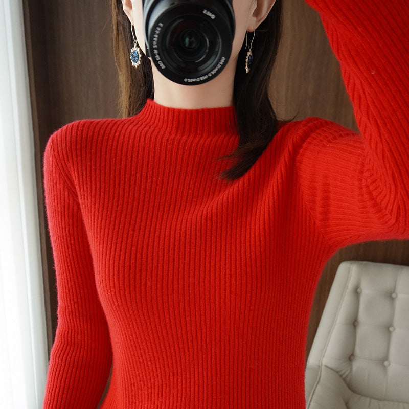 Women's luxury fine knit pullover with narrow rib structure and short stand-up collar Chichicherry