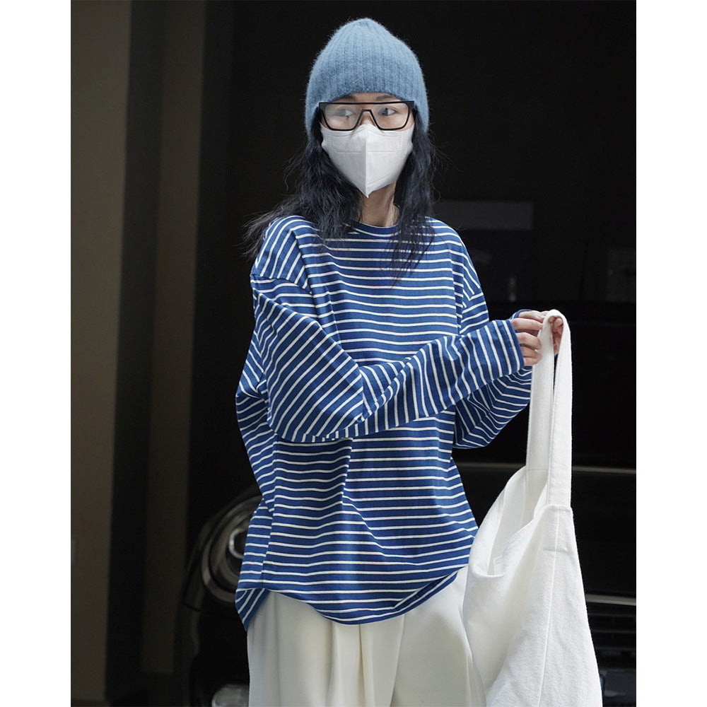 Women Oversized Striped Long Sleeve from Cotton Jersey with Round Neck Chichicherry