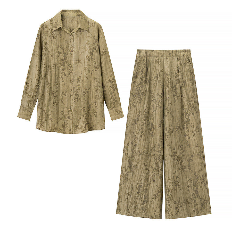 Women Two-Piece Jacquard Loungewear Set with Shirt Blouse and Wide Palazzo Pants Chichicherry