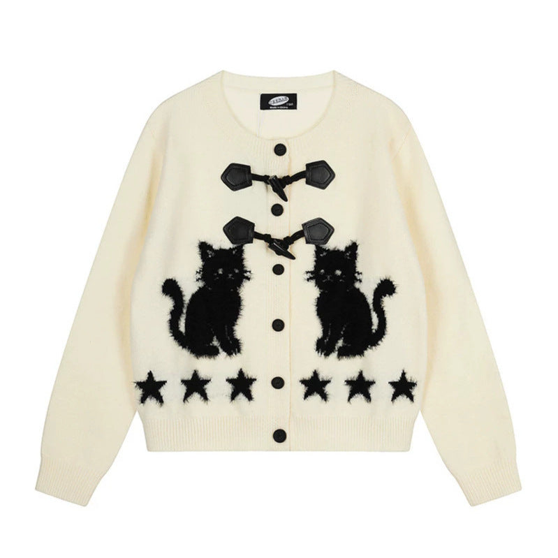 Women's cardigan with cat jacquard, decorative toggle closure and star trim Chichicherry