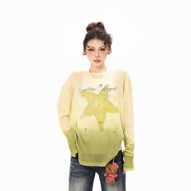 Women's long-sleeve shirt made of soft fine knit with dip-dye gradient and star flower print Chichicherry