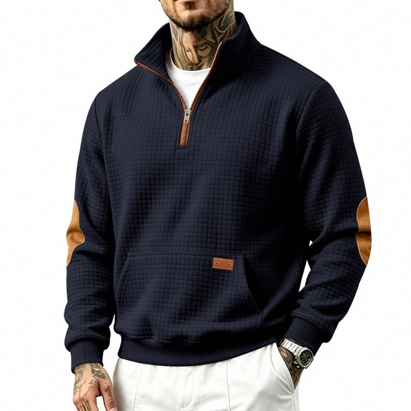 Men's waffle texture fleece pullover with stand-up collar, kangaroo pocket and contrast trim Chichicherry
