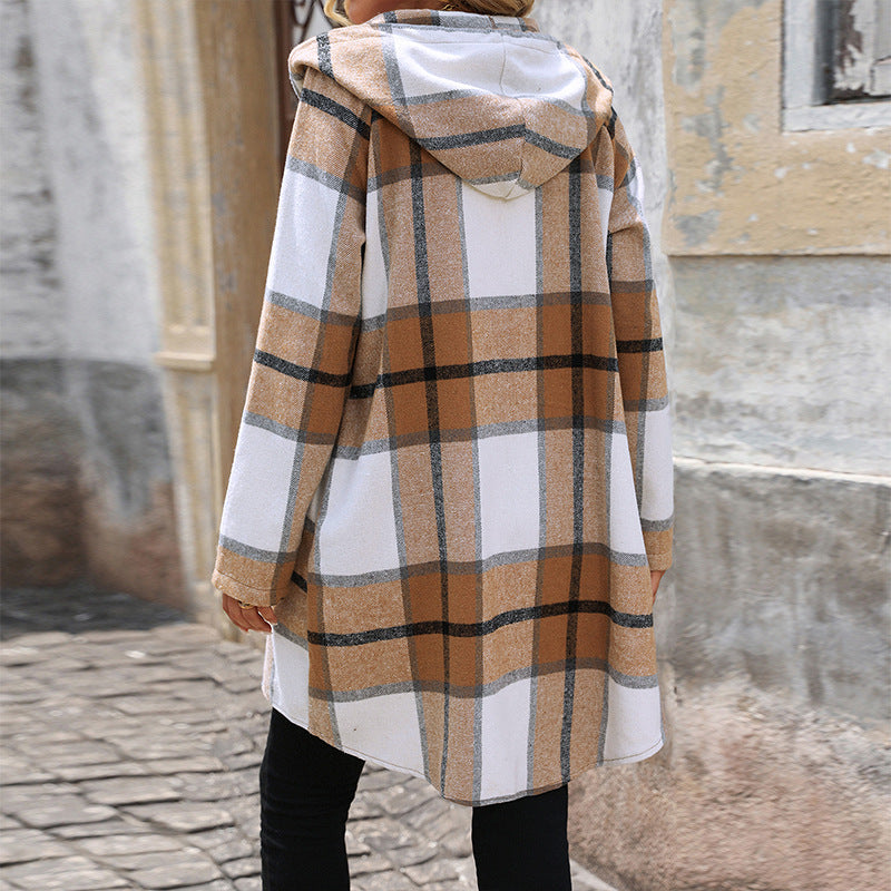Women's Long Hooded Cardigan with Check Pattern, Zipper & Pockets Chichicherry