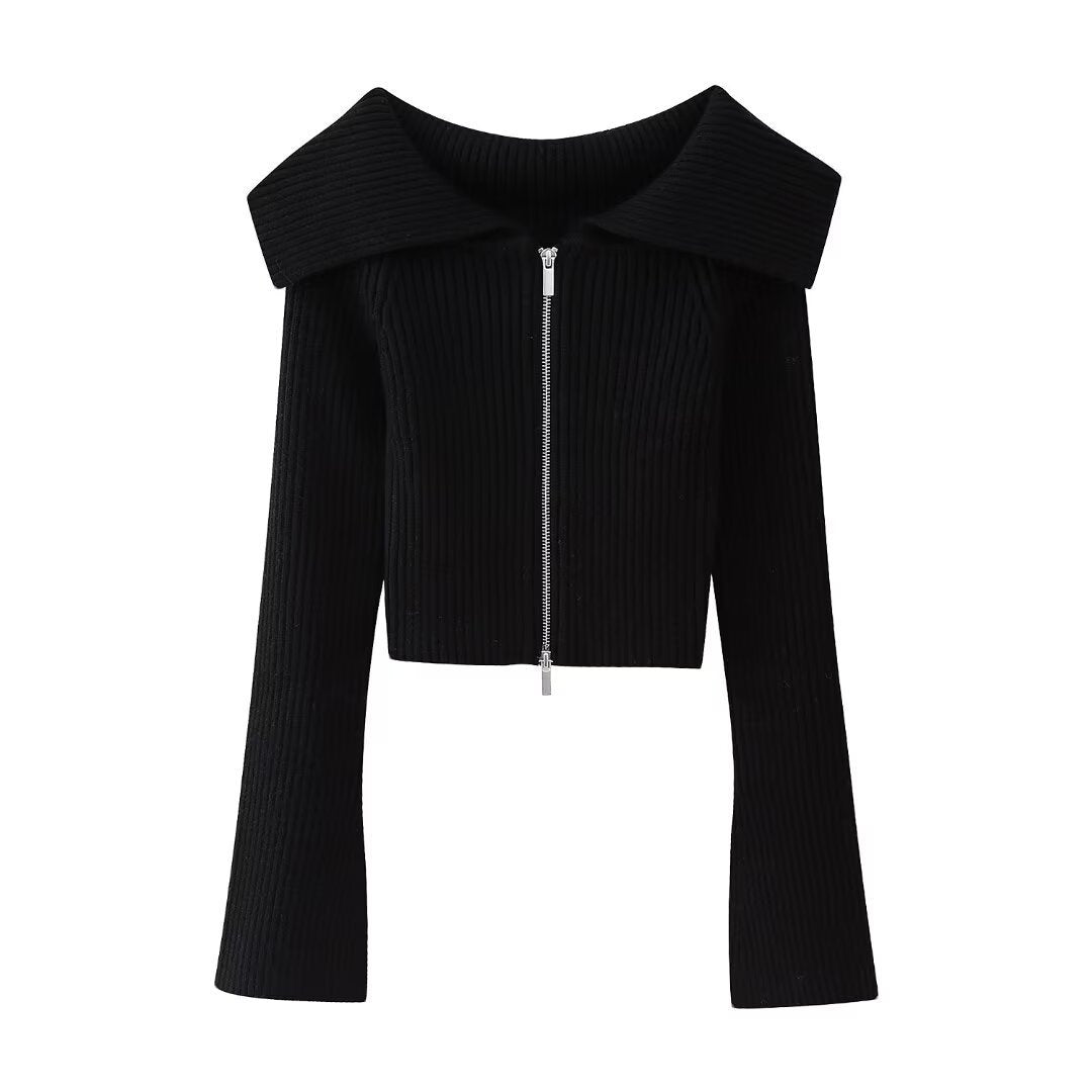 Women’s Short Cut Ribbed Knit Jacket with Wide Off-Shoulder Collar and Full-Length Zipper Chichicherry