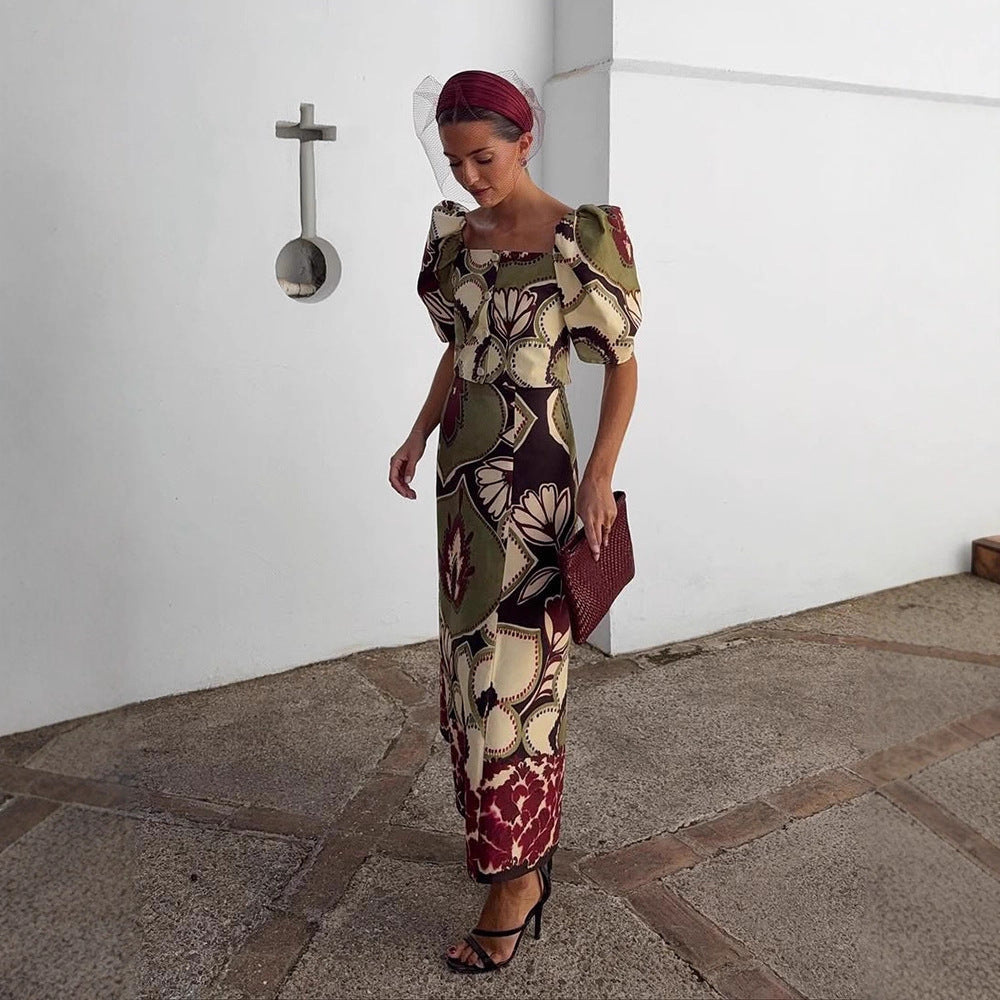 Women's Maxi Dress Set with Puff Sleeves, Tailored Midriff and Floral-Geometric Print Chichicherry