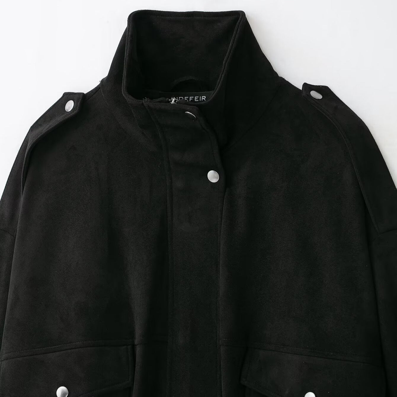 Women Short-cut Bomber Jacket made of Suede-look Fabric in Utility Look with Funnel Neck and Flap Pockets Chichicherry