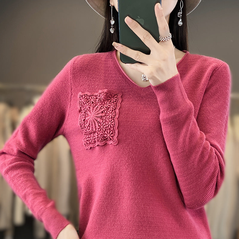 Women's Cashmere-Optic V-Neck Sweater with Floral Crochet Application Chichicherry