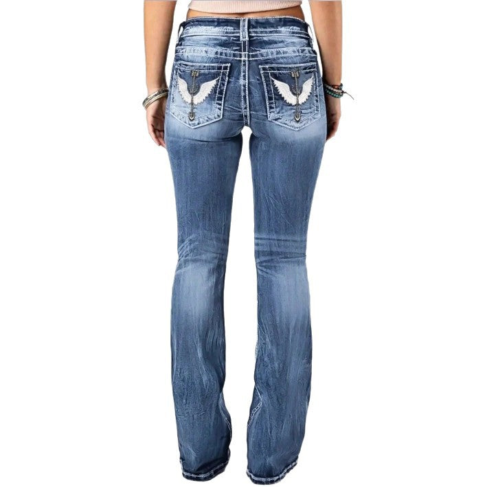 Women mid-rise bootcut jeans with vintage wash, light stretch and five-pocket design Chichicherry