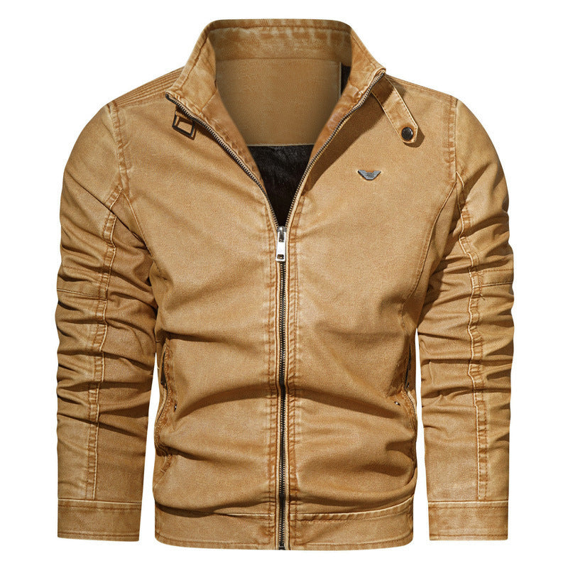 Men's Slim-Fit Pilot Style Denim Jacket with Stand Collar, Sleeve Gatherings and Zipper Pockets Chichicherry