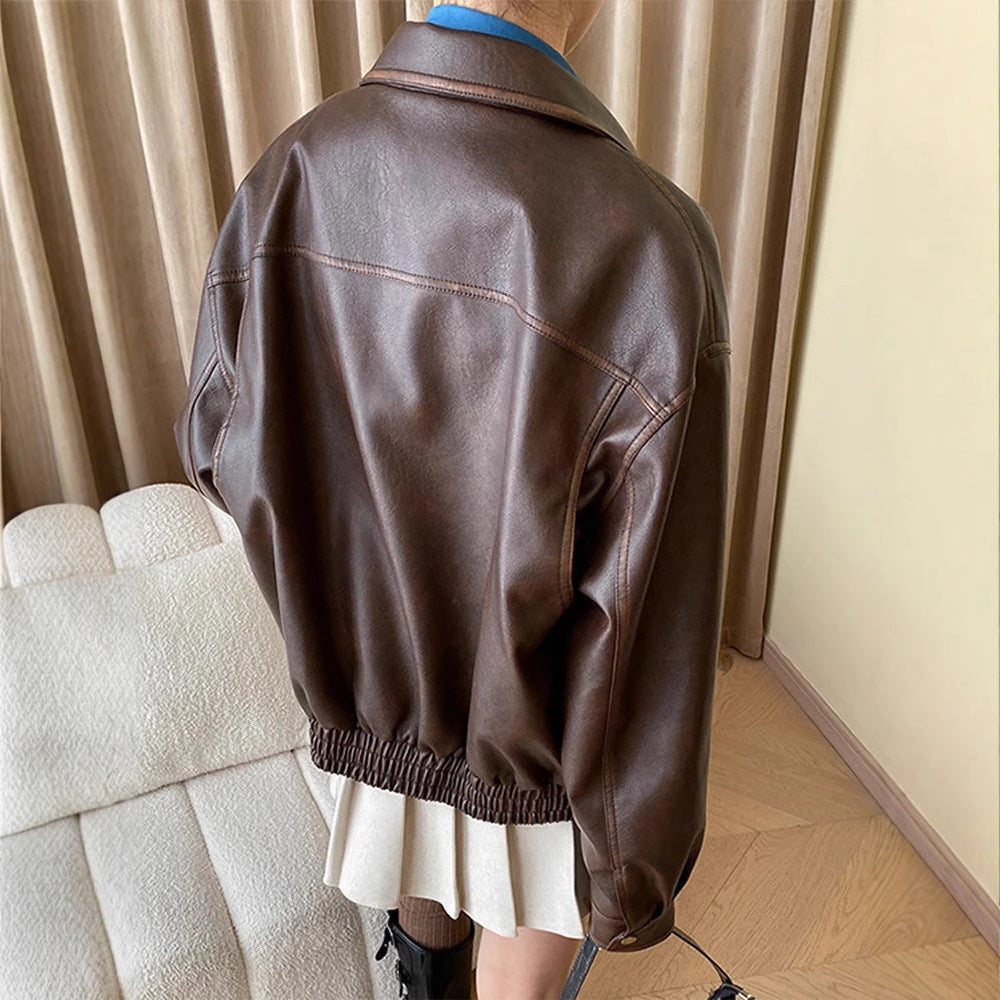 Women's Oversize Faux Leather Jacket with Shirt Collar and Zipper Chichicherry
