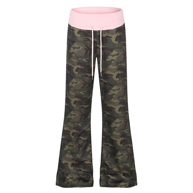 Women's Palazzo lounge pants with high rolled waistband, drawstring, and camouflage pattern Chichicherry