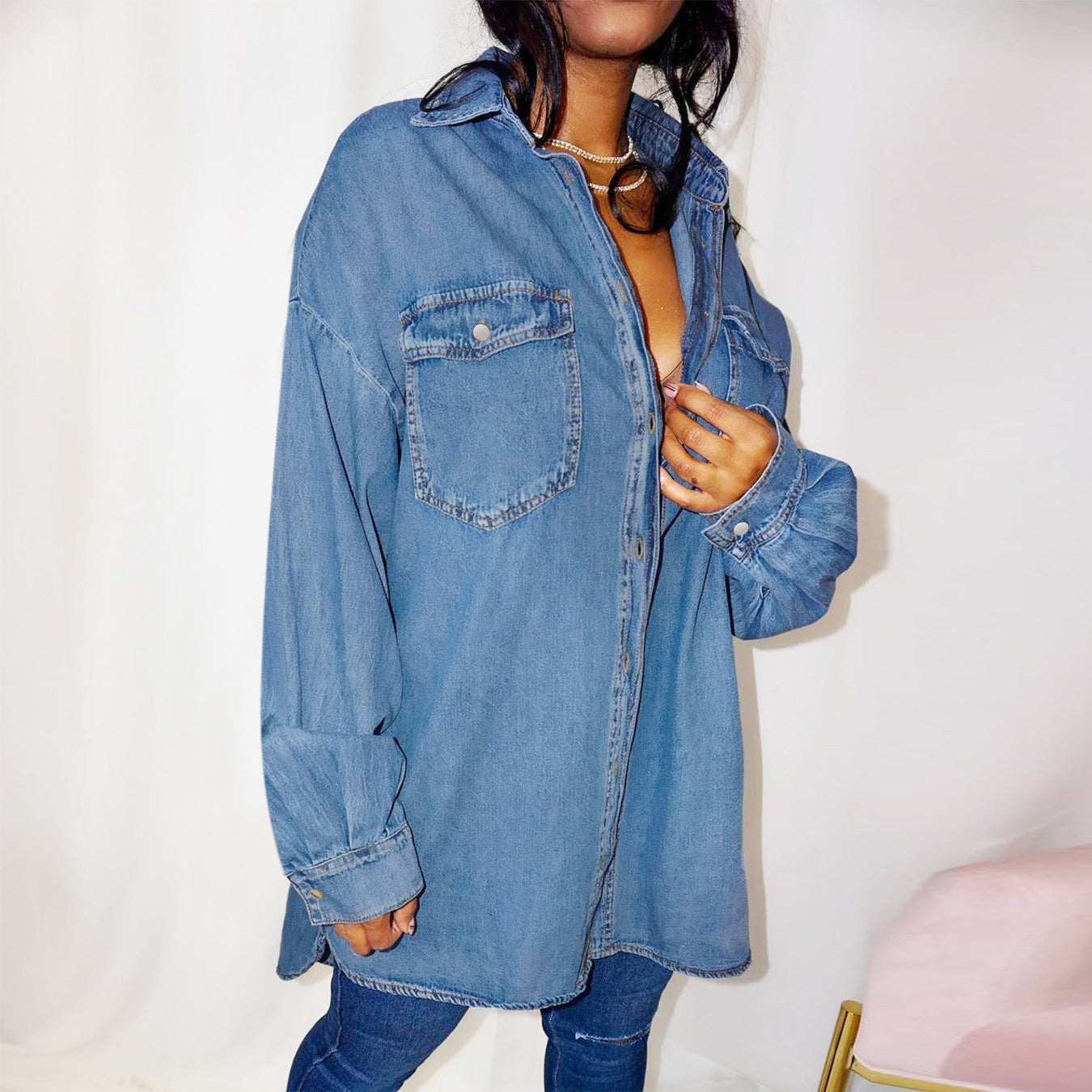 Women's Oversized Denim Shirt Jacket with Flap Pockets and Extended Cut Chichicherry