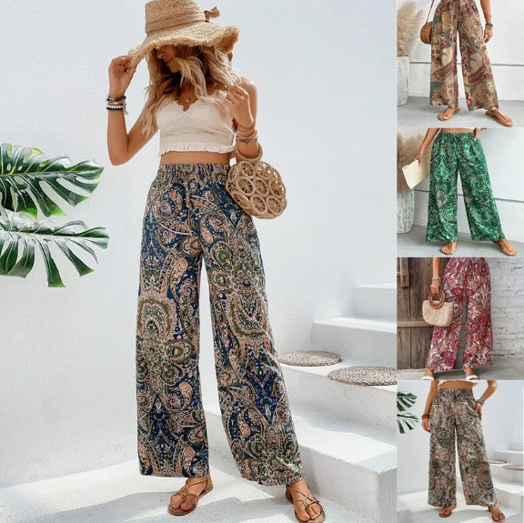 Ladies wide summer trousers in linen look with elastic waistband and paisley print Chichicherry