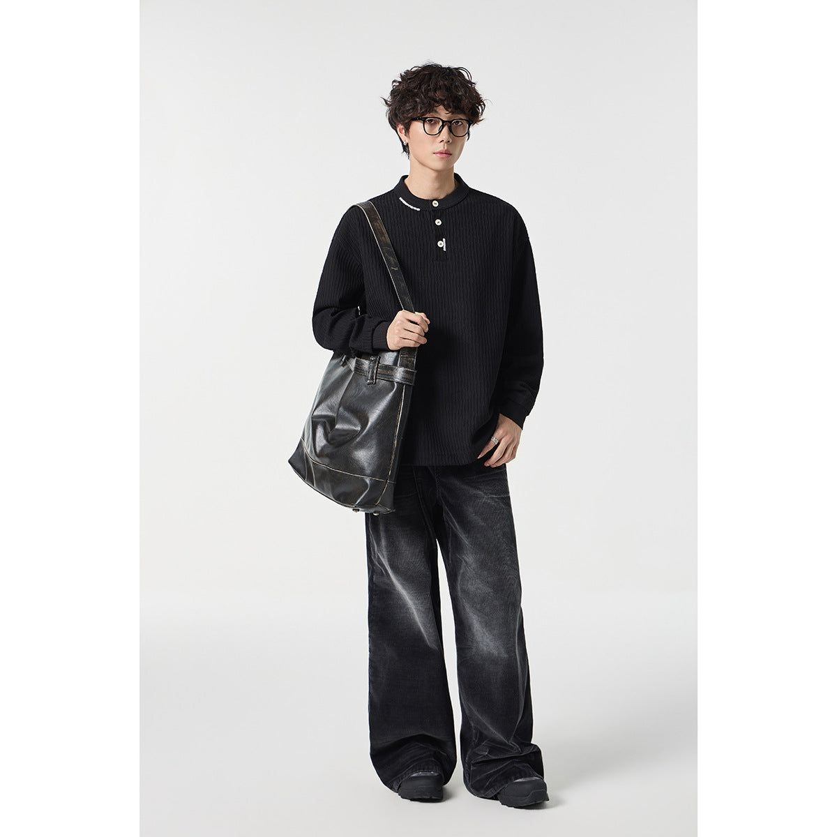 Unisex Ribbed Oversized Henley Sweater with Button Placket Chichicherry