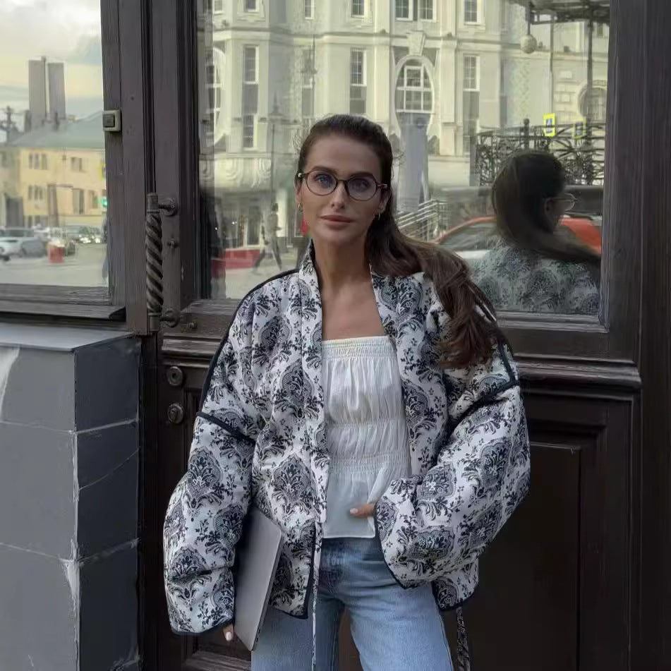 Women padded kimono jacket with waist belt and ornamental print Chichicherry