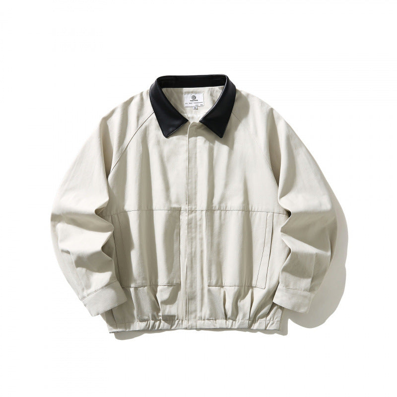 Men's short-cut canvas jacket with imitation leather collar and elastic hem Chichicherry