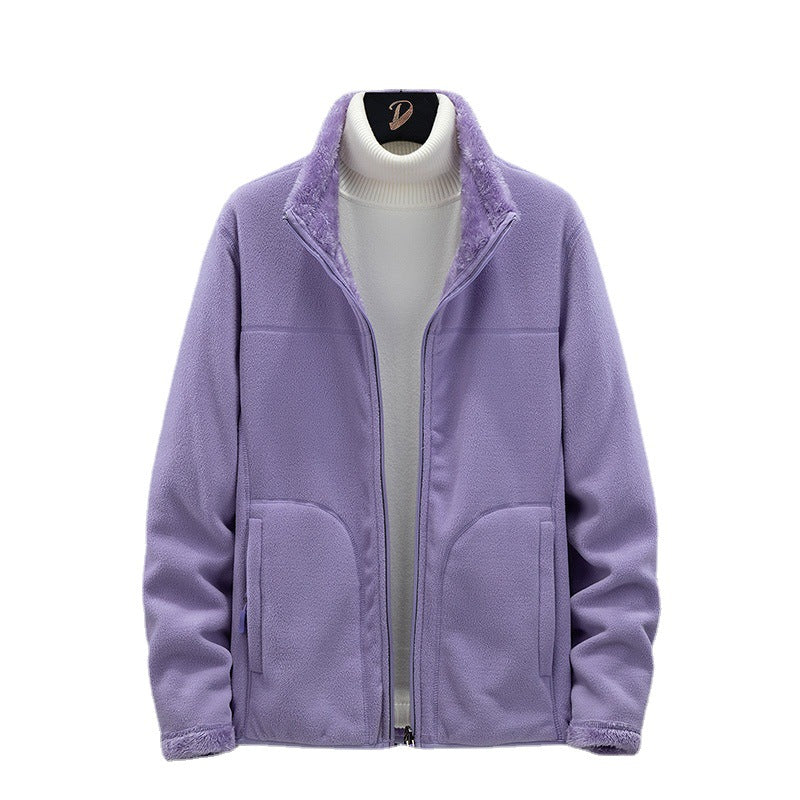 Women Cozy Fleece Jacket with Teddy Lining, Stand Collar and Two Zip Pockets Chichicherry