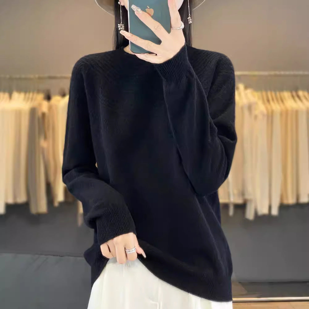 Ladies Soft Ajour-Yoke Round Neck Sweater in Cashmere-Look Fine Knit Chichicherry