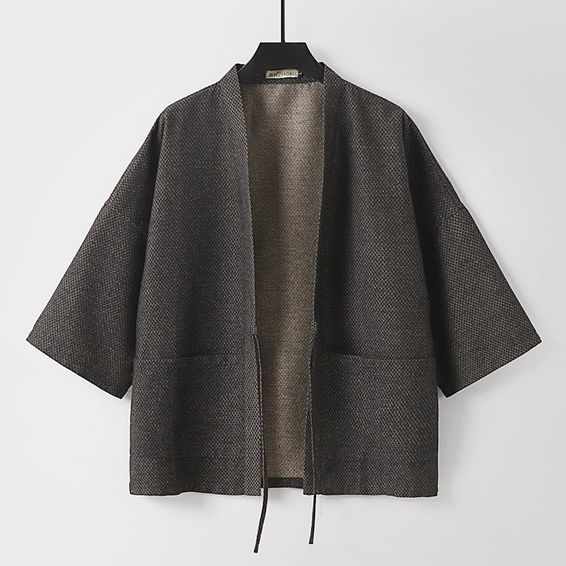 Men's Loose Kimono Cardigan made of textured cotton blend with short sleeves and tie Chichicherry
