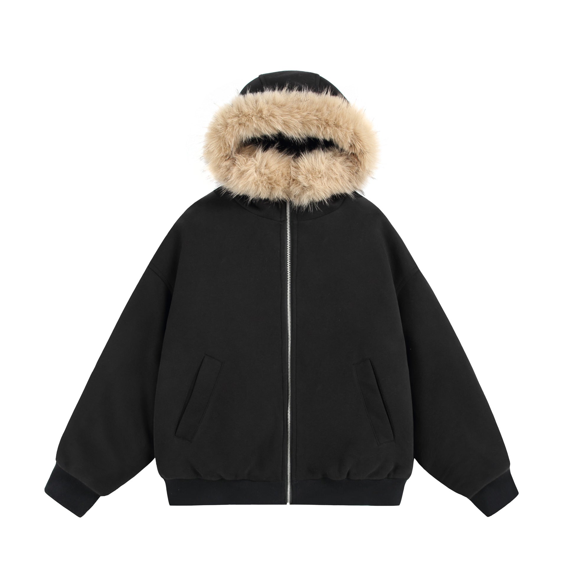 Women's Short Boxy Hooded Blouson made of French Terry with voluminous Faux Fur Edging Chichicherry