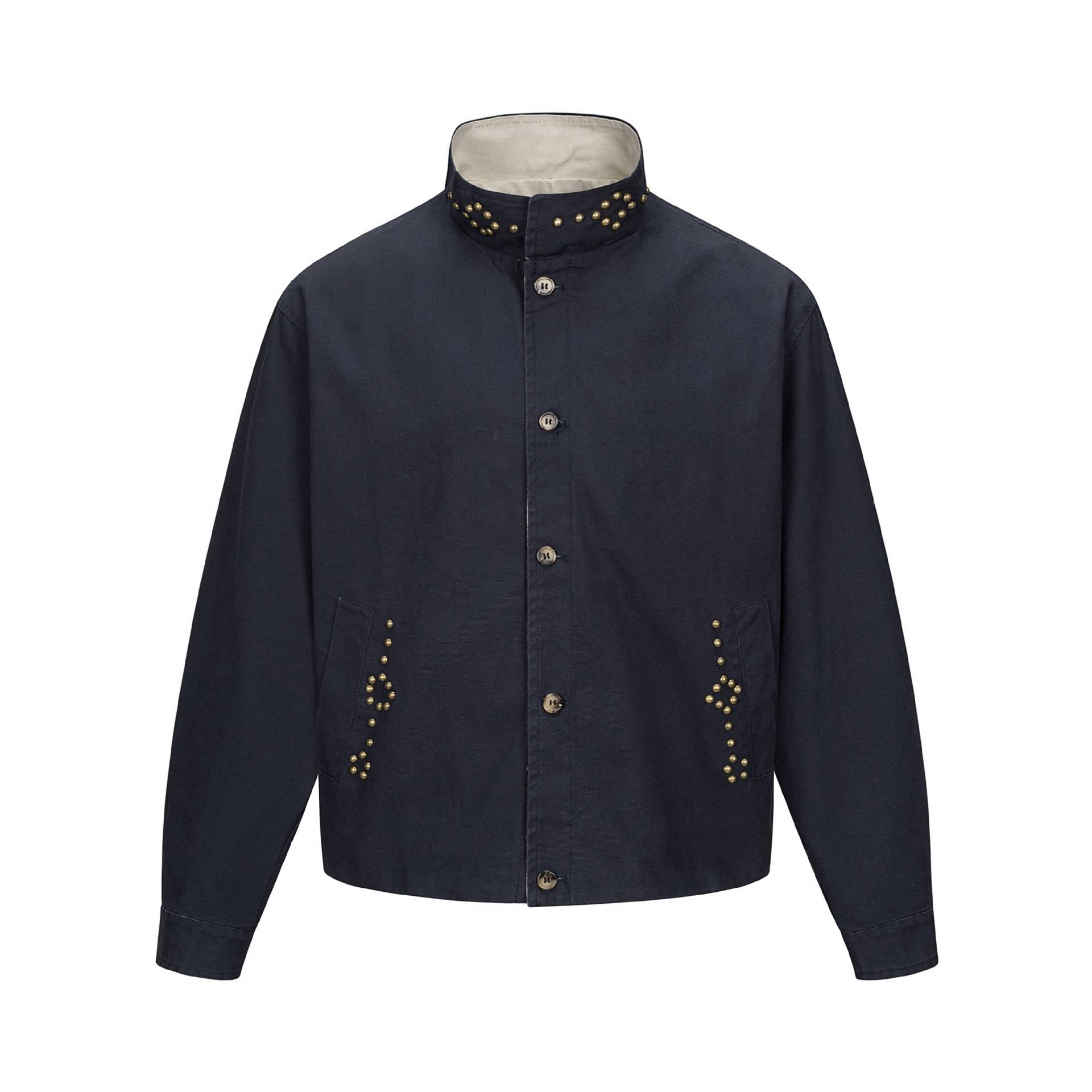 Unisex Short Blouson Jacket with High-Collar Studded Neck and Utility Pockets Chichicherry