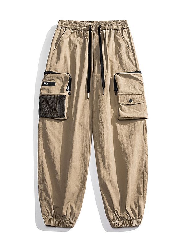 Men's Nylon Utility Cargo Pants with Elastic Waistband, Adjustable Belt and Flap Pockets Chichicherry