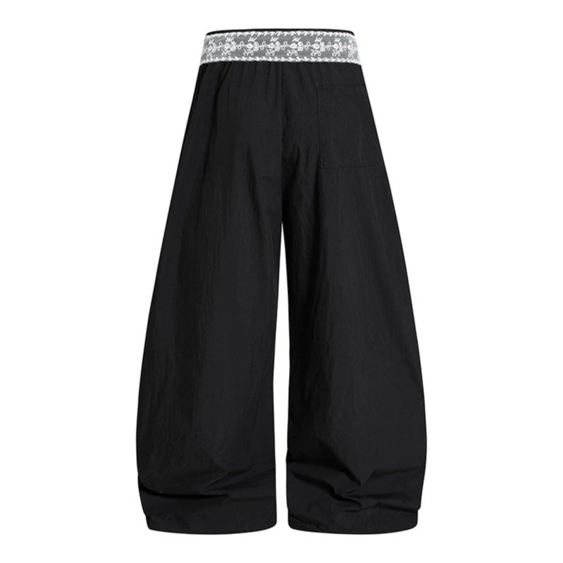 Women's Loose Palazzo Lounge Pants with Elastic Comfort Waistband, Contrast Stripes and Lace Drawstring